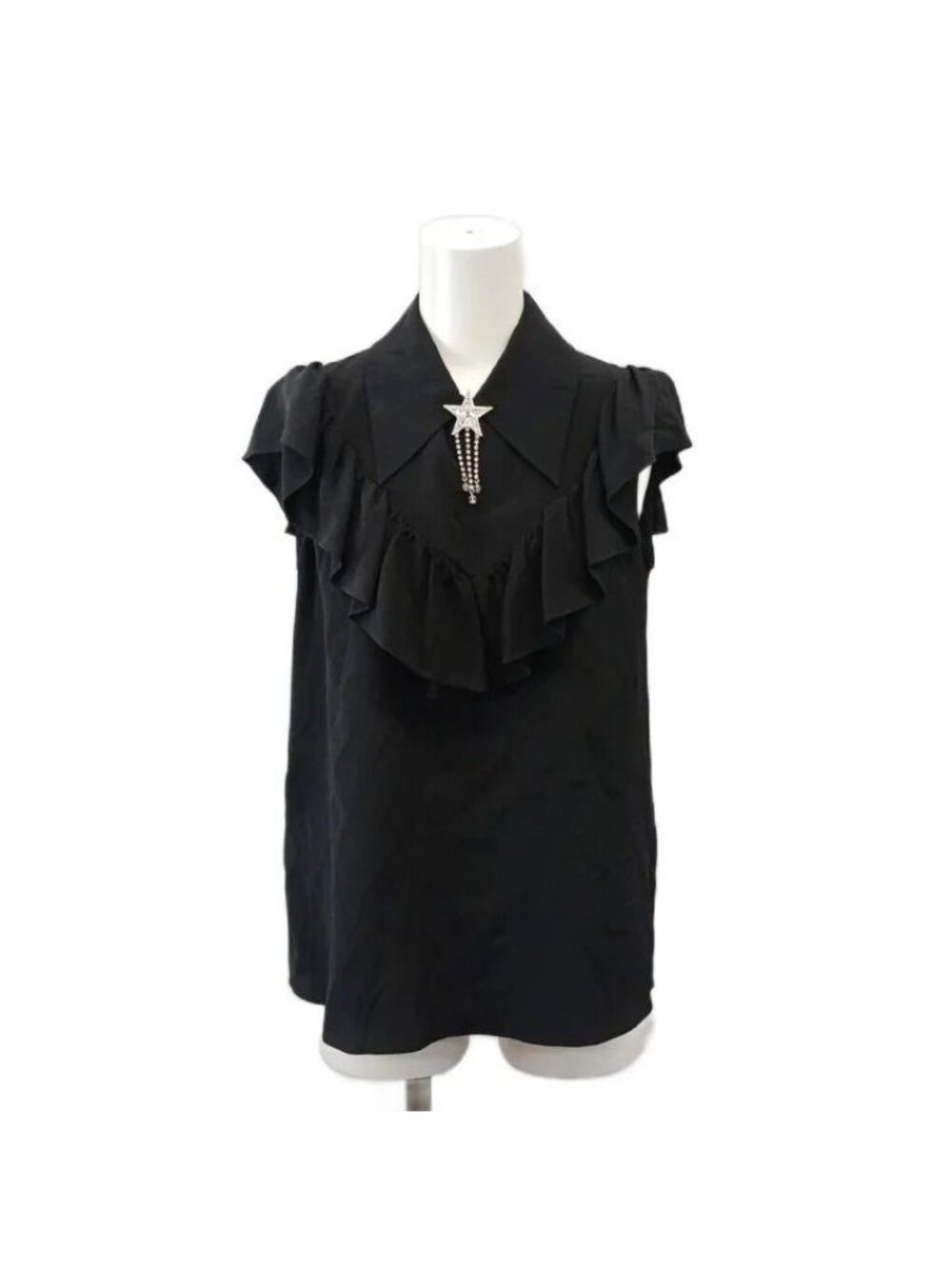 Miu Miu Shirt Blouse Frill Sleeveless Brooch Silk Black 36